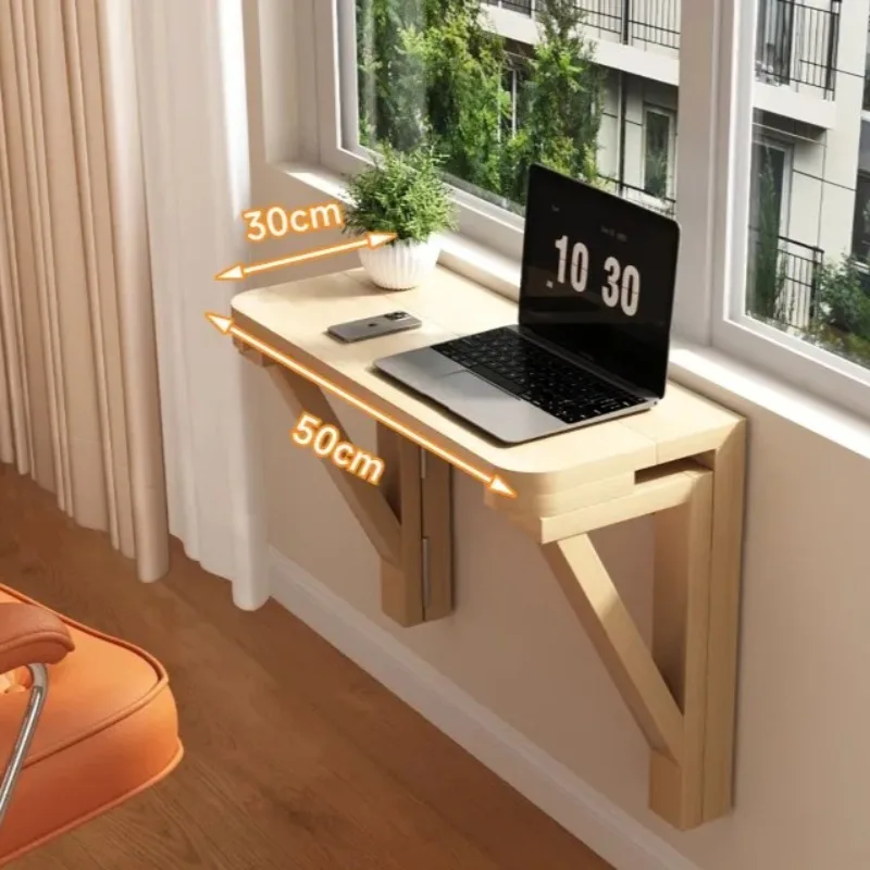 Wall Mounted Folding Desk, Solid Wood Floating Computer Desk for Small Space, Foldable Table with Shelf for Home Office