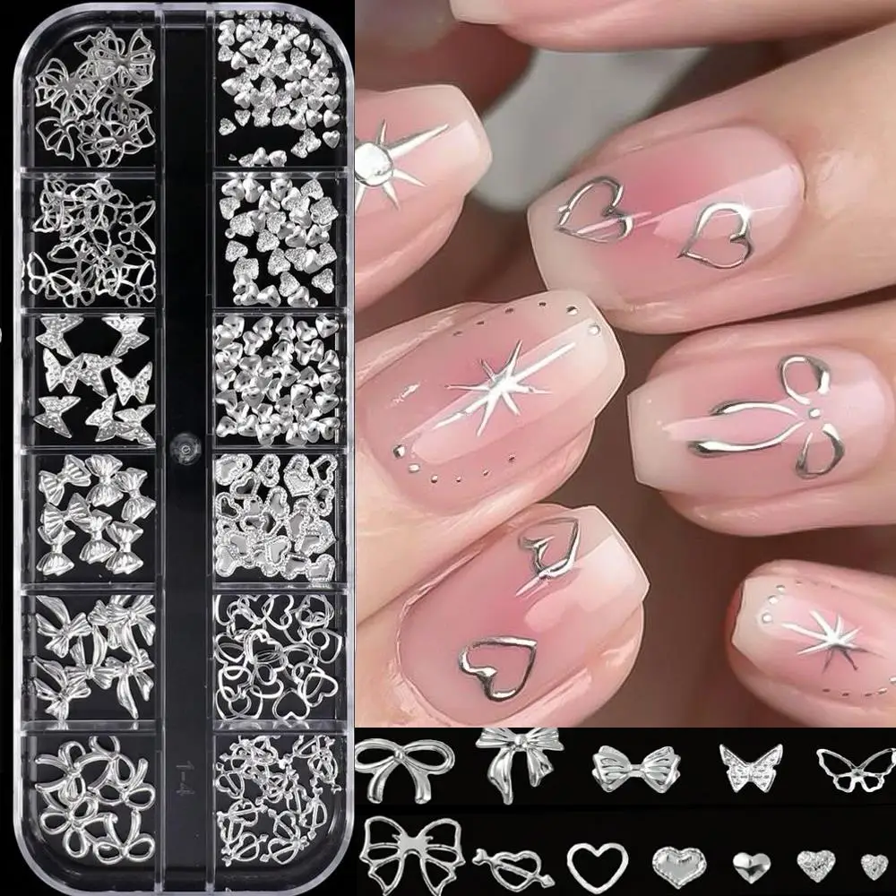 12Grids 3D Silver Heart Bow Butterfly Nail Charms Y2K Metallic Star Moon Nail Rivet Studs DIYValentine's Day Manicure Decoration