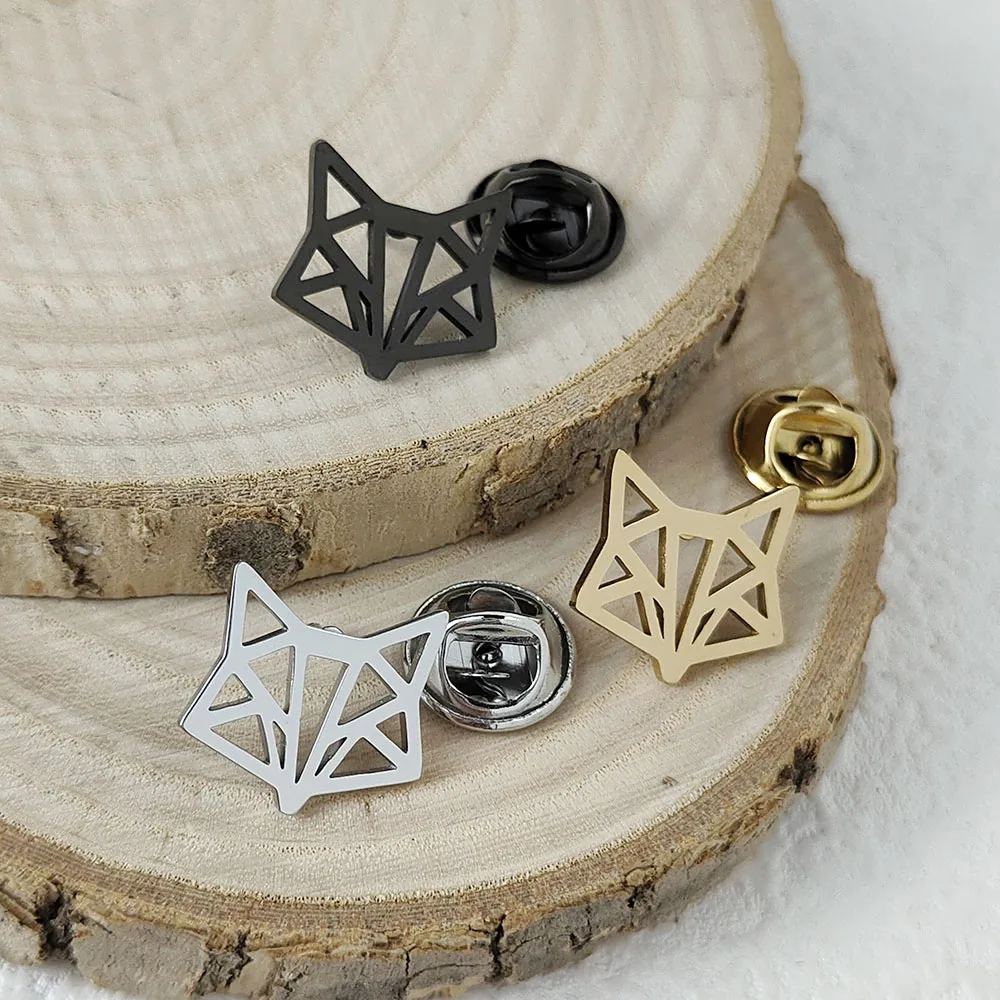 

New punk style fox head hollow stainless steel gold-plated badge, suit lapel pin waterproof black, men's brooch set