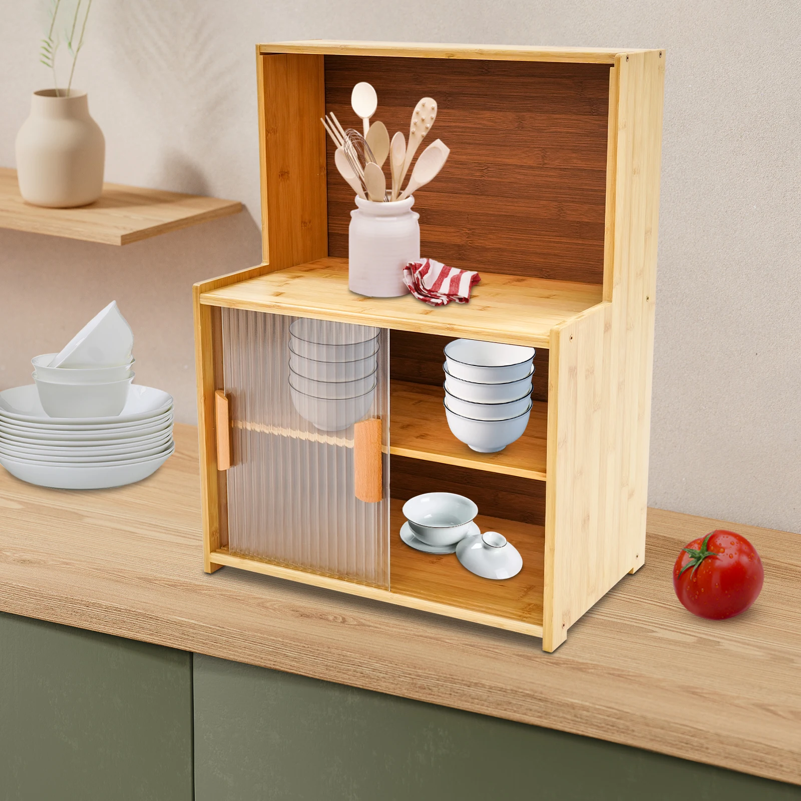 

(Wood Color) Kitchen Storage Cabinet, Kitchen Cabinet with Sliding Doors, Adjustable Shelves, for Spice Jars, Utensils, Cups