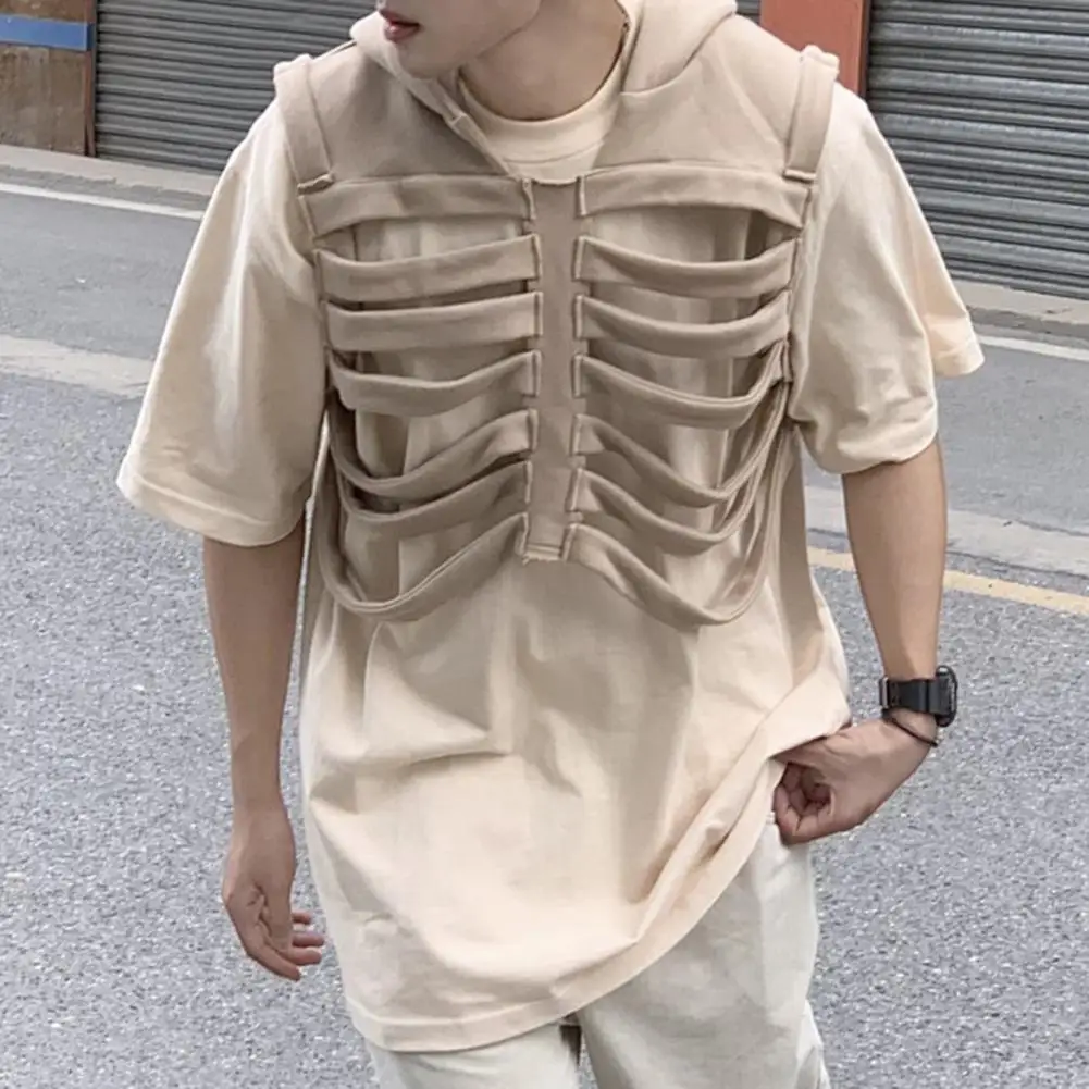 

Skull Rib Hooded Vest Retro Hooded Vest Coat For Men American Hip-hop Skull Rib Design Solid Color Pullover Style Jacket