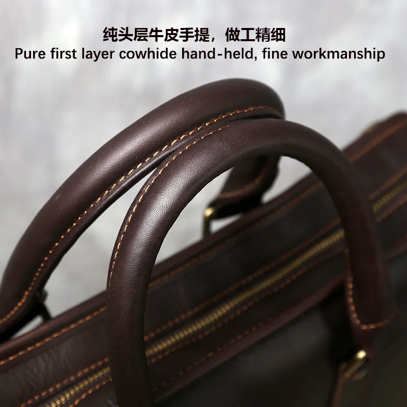 NZPJ Retro Herren Aktentasche Leder Laptoptasche Oberschicht Rindsleder Lässige Handtasche 14 Zoll Business Umhängetasche Messenger Bag – Detail 9