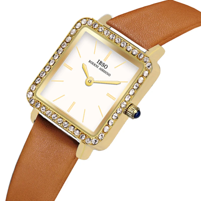 Original Brand Women Watche Leather Waterproof Elegant Female Square Handwatch Brown High Qualtiy Luxury Lady Wristwatch Golden