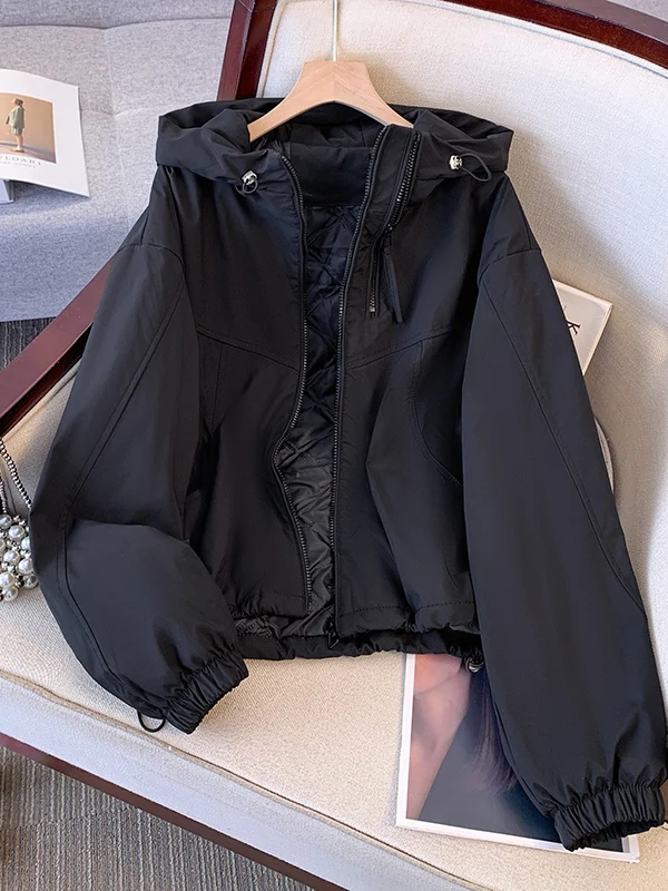 

Черная короткая хлопковая куртка для женщин с капюшоном, осенне-зимнее пальто в корейском стиле, свободный крой, утепленная, на молнии, однотонная