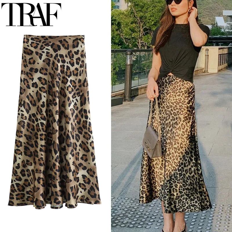 TRAF Leopard Print Women\'s Midi Skirt High Waist Stylish Long Skirts For Women Fall Vintage Satin Skirt Woman Elegant Skirts