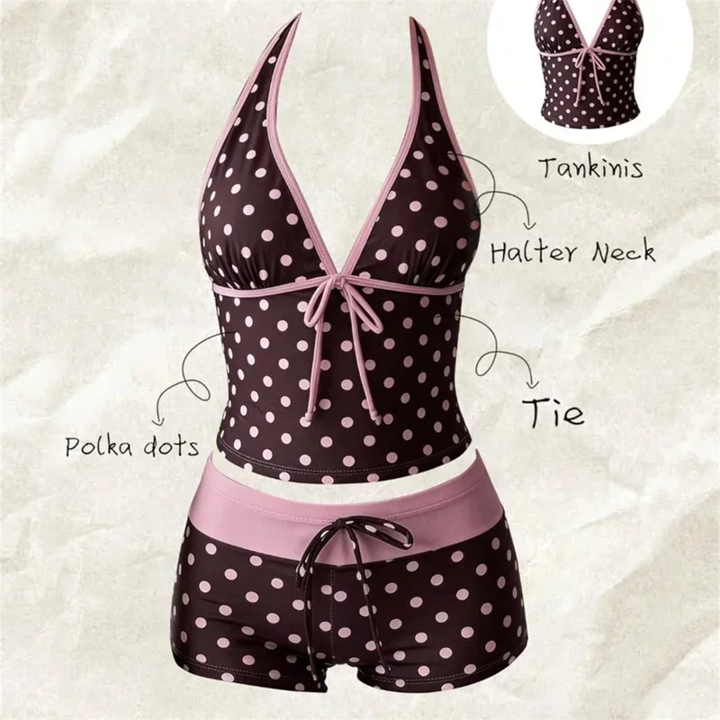 Women Y2k Sweet Bikini Set Polka Dot Bow Halter V-Neck Tie Up Crop Top Contrast Waistband Shorts 2 Piece Swimsuit Beach Wear