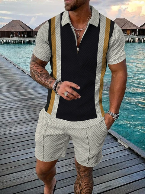 2 Piece Set Outfits Summer Tracksuit For Men 3D Print Short Sleeve Zipper Polo Shirt And Shorts Suit Casual Sports Male Clothes