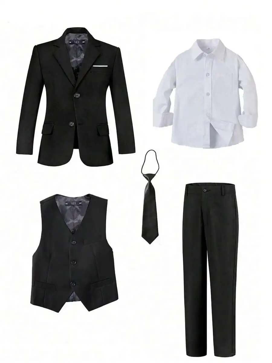 

5-Piece Formal Suit Set for Boys: Blazer, Vest, Pants, Shirt & Tie - Black, Sizes 6-16Y