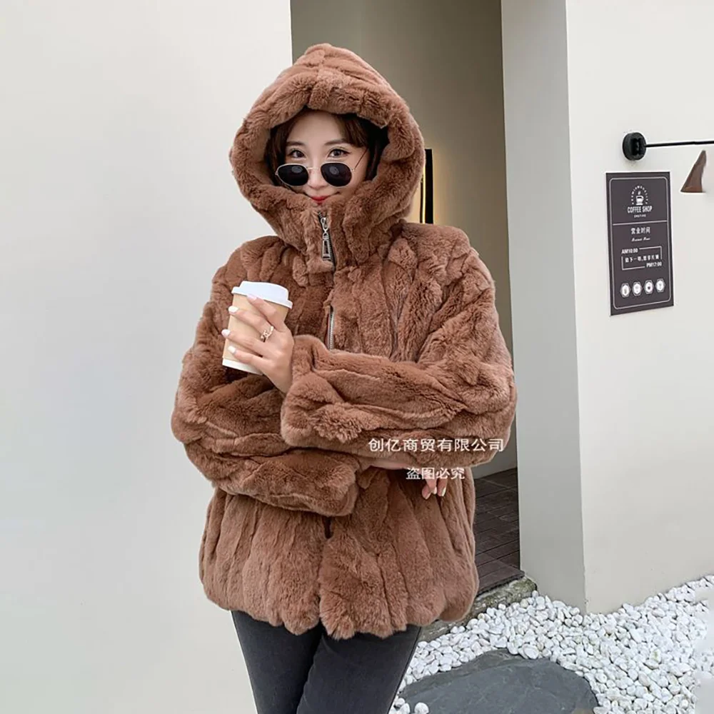 New Real Rex Rabbit Fur Coat Fur Hooded Fashion Joker Comfortable Soft Winter Warm Temperament Loose Coat Female Tide.