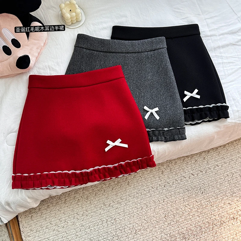 Kawaii Bow Woolen Mini Skirt Women Christmas Cutecore Red Ruffles Skirts Winter Streetwear Korean Black High Waist A Line Faldas