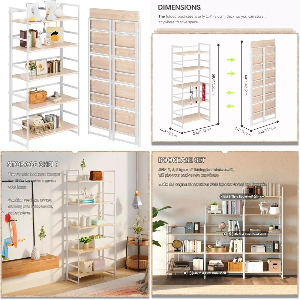 أرفف كتب بدون تجميع مكونة من 5 طبقات، رف كتب أبيض قابل للطي، أرفف صناعية مفتوحة قابلة للطي لغرفة النوم وغرفة المعيشة، h