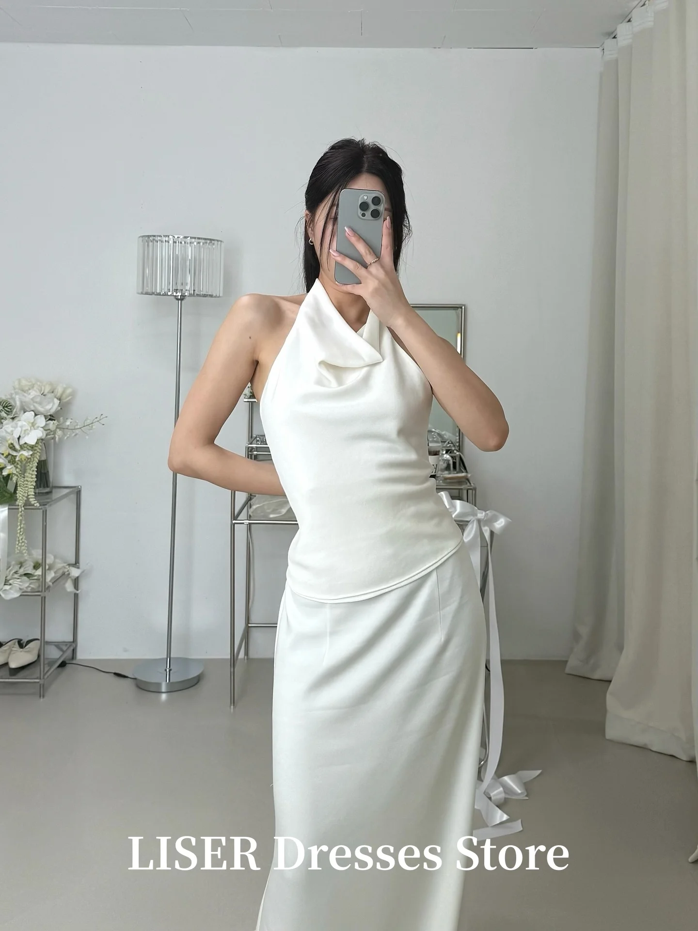 Liser Halter A-Line Simple Korea Wedding Dress Designed Silk Satin Elegant Long Bridal Gowns Photo Shoot 저녁 드레스 Customized