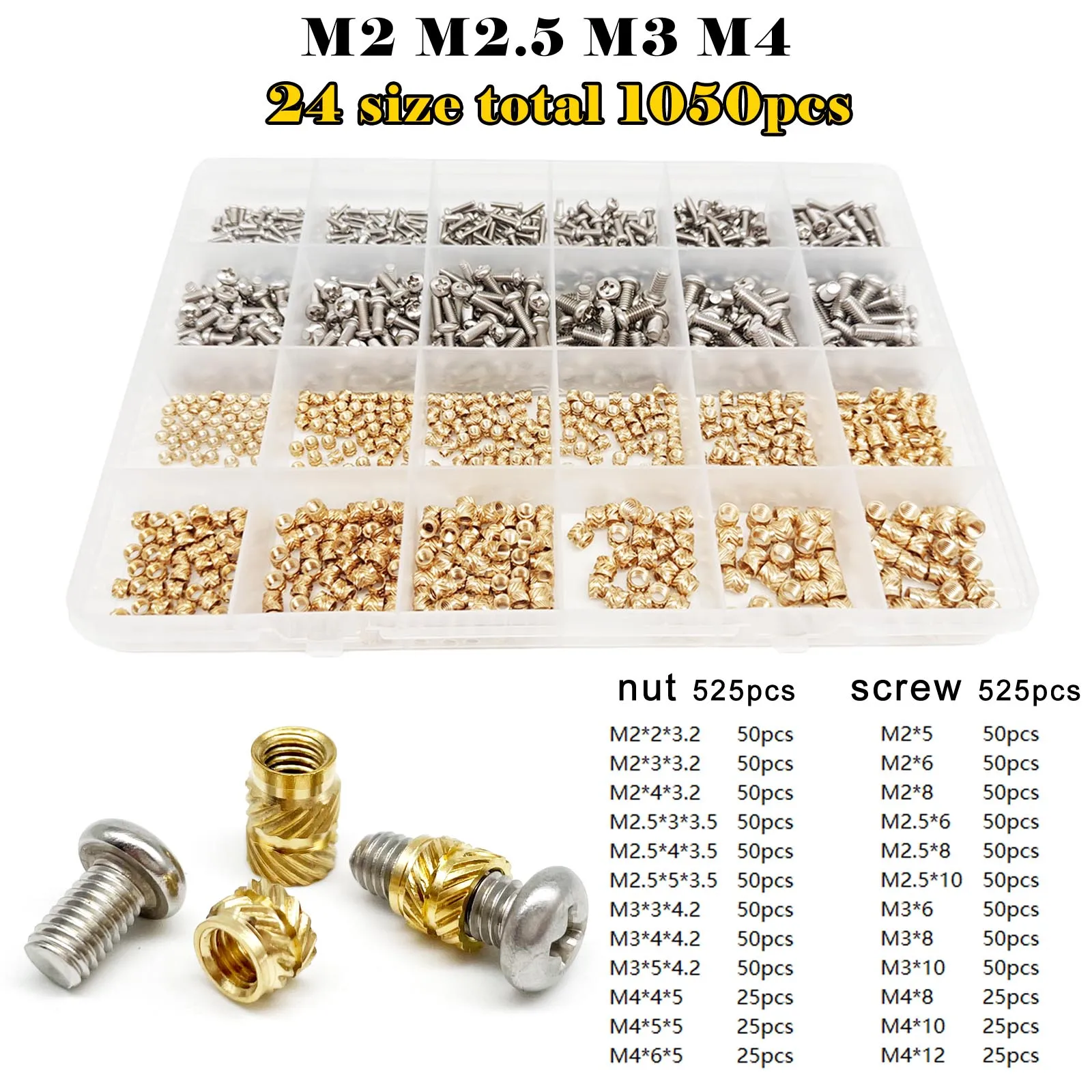 Messing Kupfer eingebettete Einsatzmutter Schraubensatz Set M1.4M1.6 M2 M2.5 M3 M4 M5 M6 für Wärmeleit-Injektion 3D-Druck-Twill-Rändelgewinde
