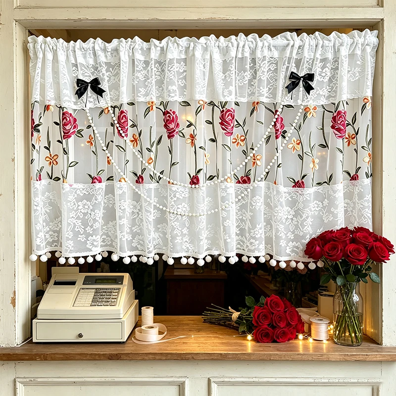 1pc Romantic Spliced Lace Cafe Curtain, Red Rose Embroidery, Beaded Bow Pearl Chain, Pom‑pom Rod Pocket Half Sheer Curtain