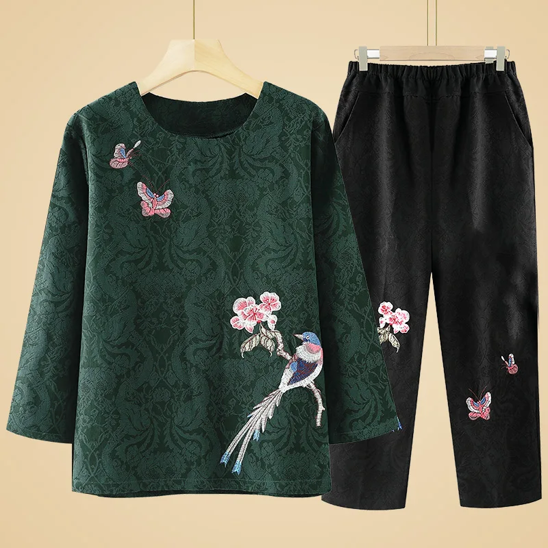 

Ele Embroidered Cotton T-irt Set for Older Women Spring New Sle Retro Floral Print round Ne Loose Fit Comfortable