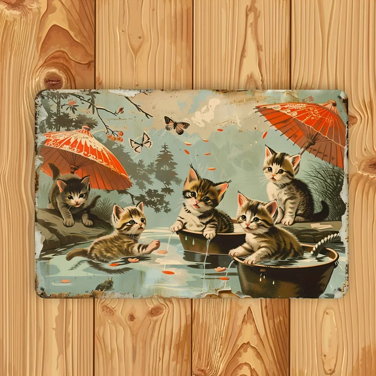 （2D Tin painting）Water Playing Cat Vintage Metal Sign, Indoor Outdoor Decorative Hanging  Painting, Wall Room Residence Bedro
