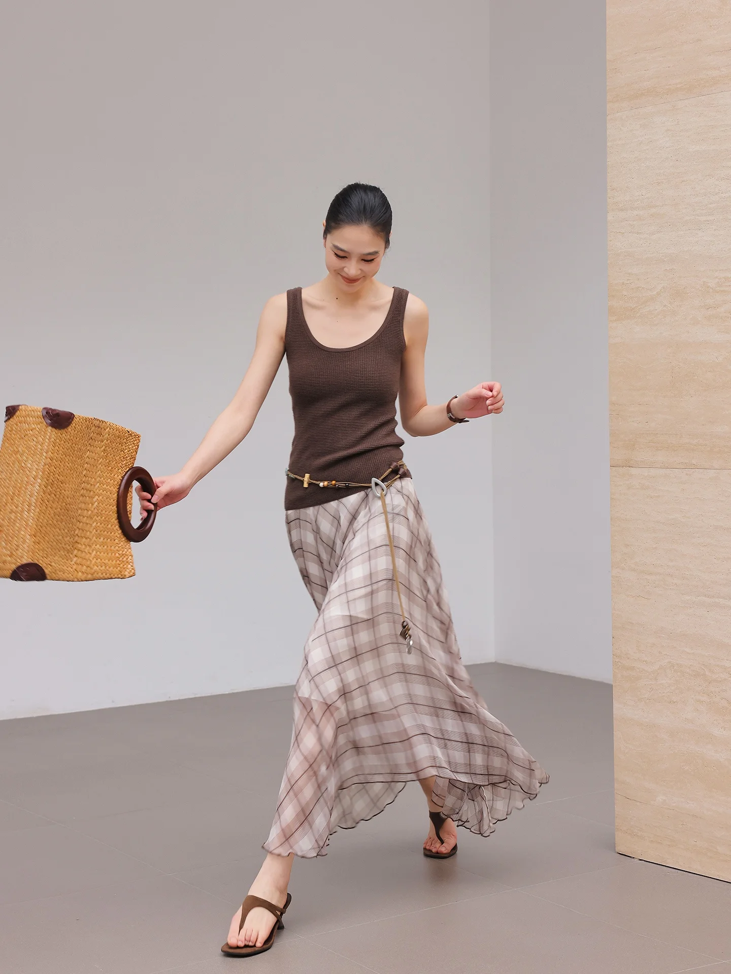 JWUNIQUE Wine Dimple Vintage Plaid Skirt Drifting Irregular Hemline Half-length A-line Skirt Polyester Fiber Loose Type