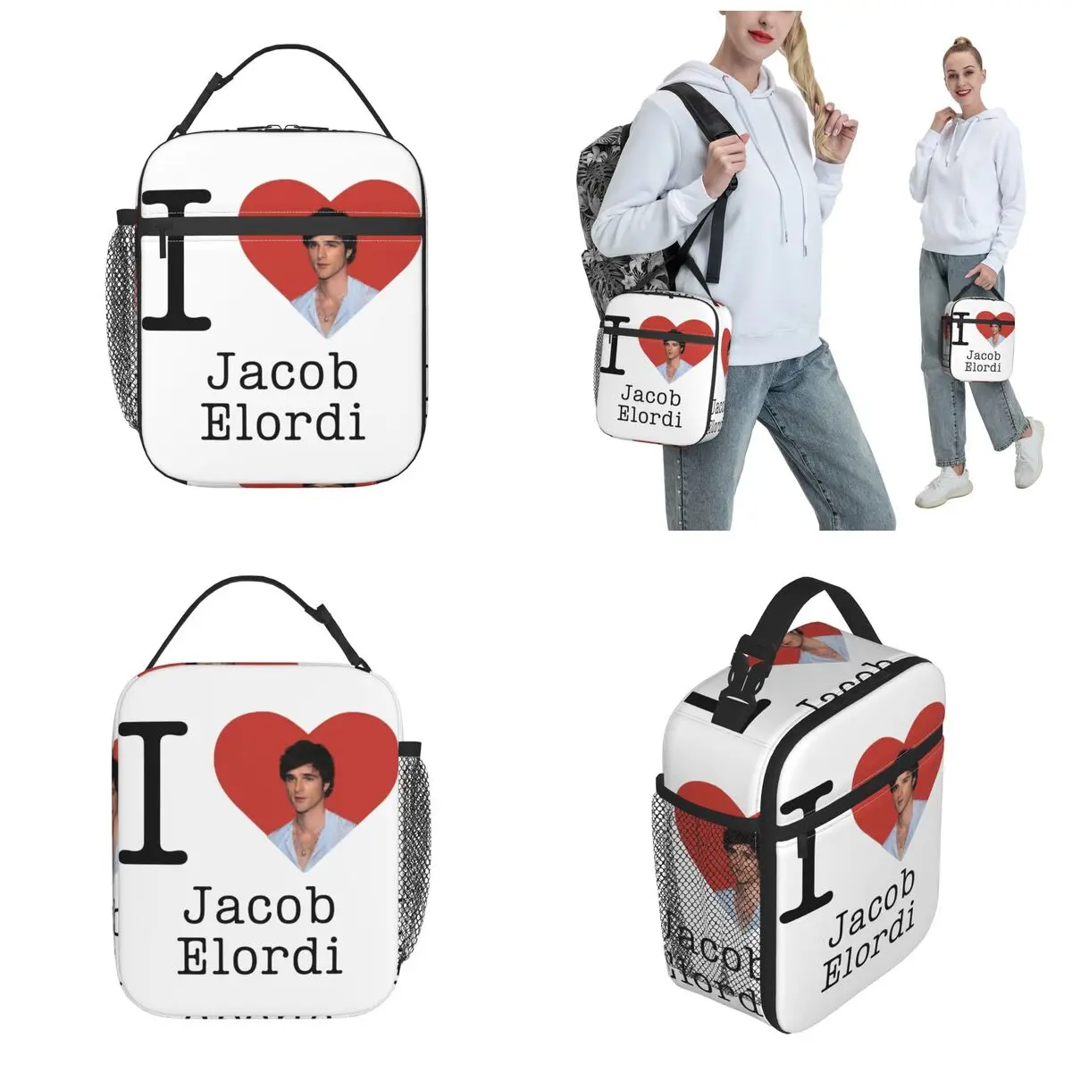 I Love Jacob Elordi Insulated Lunch Bag Funny Food Bag Portable Thermal Cooler Lunch Boxes For School Office