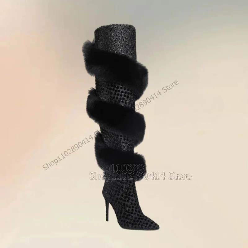 Botas femininas de dedo pontiagudos com estampa de leopardo, sapatos deslizantes, salto alto fino, decoração de pele preta, festa de moda, 2021