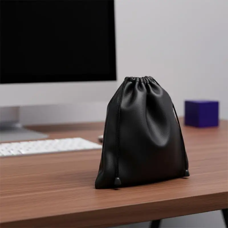 1Pcs Durable Black Dust-proof Drawstring Bag Draw String Bag Headphone Bags PU Leather Headset Bag Durable Multi Purpose Storage view 2