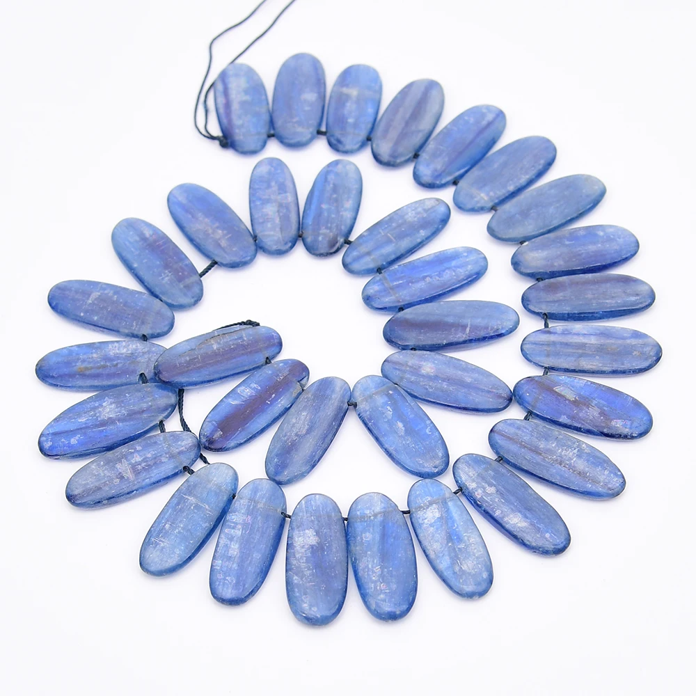 APDGG 11.5x28mm AA+ Natural Blue Kyanite Quartz Top-Drilled Oval Slice Loose Pendant Beads 15