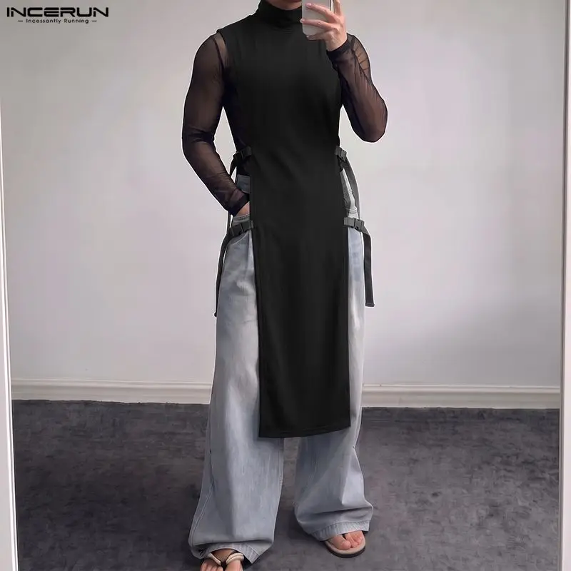 INCERUN Men's Tank Tops Patchwork Hollow Out Turtleneck Sleeveless Male Vests Streetwear Personality Casual Long Style Tops Men