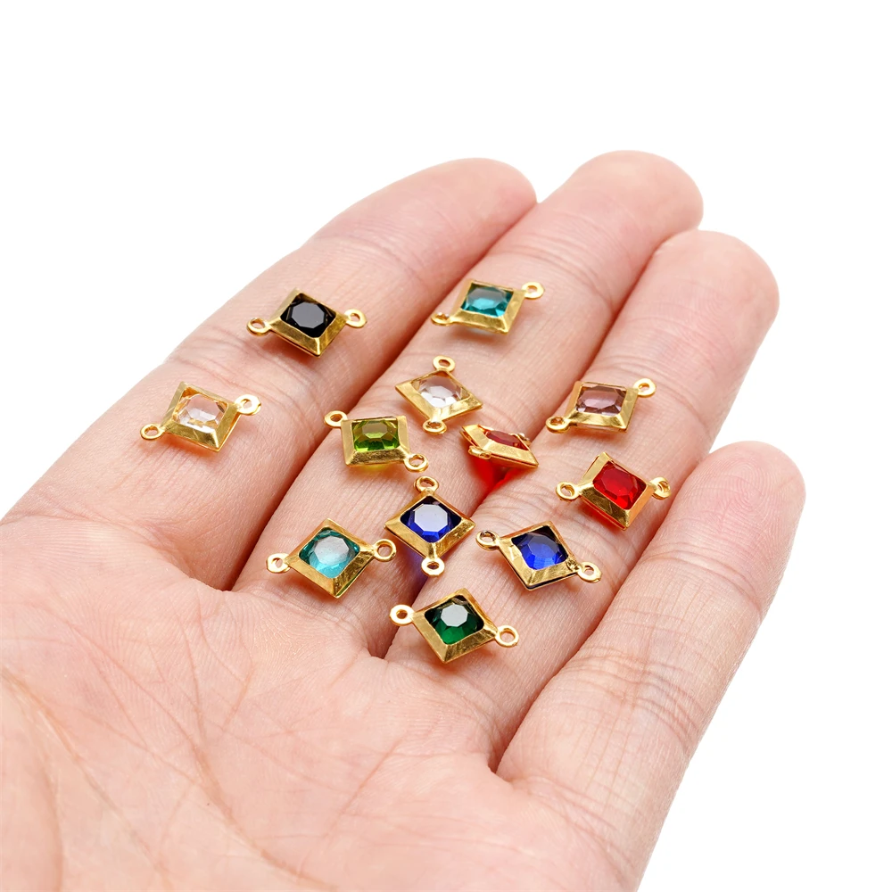 10pcs Stainless Steel Rhombus Shape Double Holes Pendants with Crystal for DIY Jewelry Making Bracelet Necklace Accessories