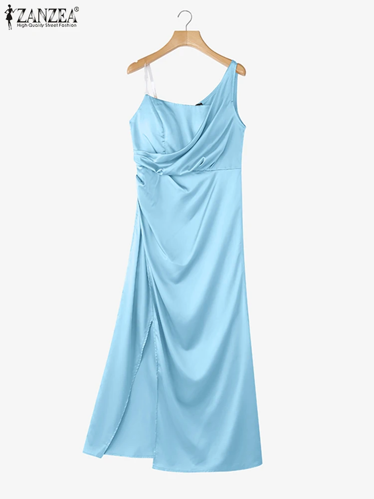 ZANZEA Evening Party Dress 2025 Summer Satin Silk Split Elegant High Waist Sundress Spaghetti Strap Vestidos Loose Sexy Robe