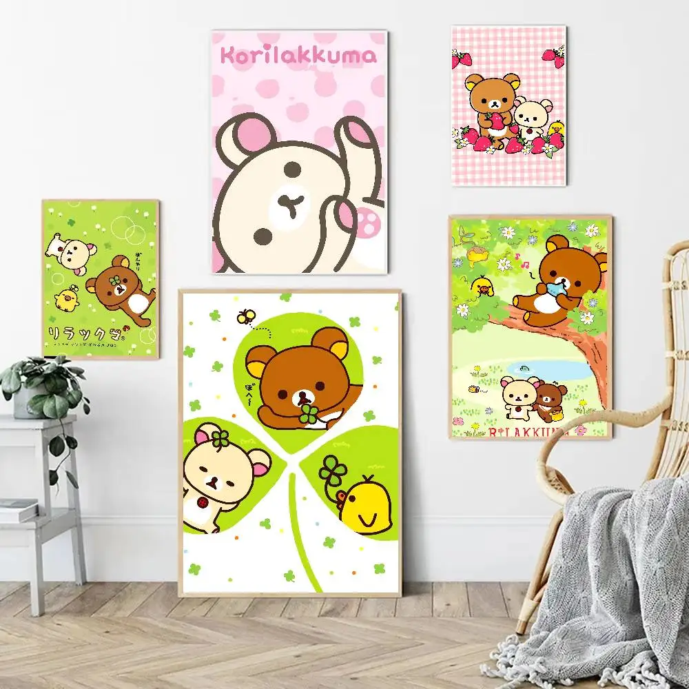 Anime Rilakkuma Anime Poster Waterproof Wall Art Sticker For Bar Living Room Vintage Room Decor Print Gift