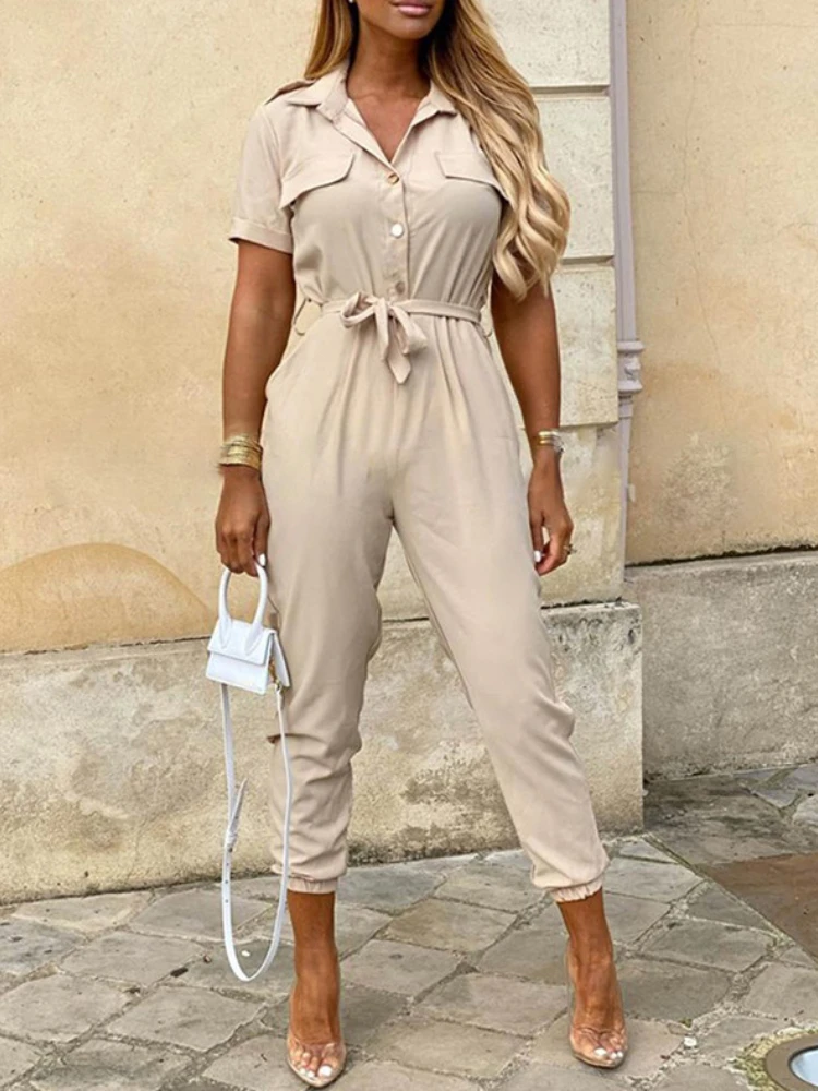 Summer 2024 European and American women's pants casual lapel buckle printed belt cargo jumpsuit