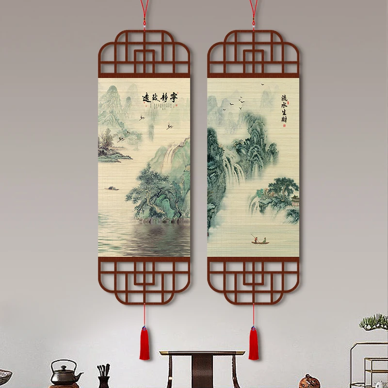 Zen ink wash Landscape Wall Art, Bamboo Scroll Calligraphy Hanging Painting for Tea Room Living Room Study, Aesthetic Room Decor