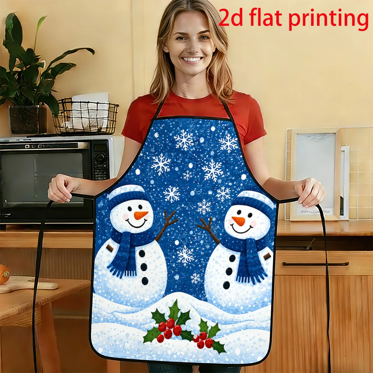 1pc 2D Flat Cartoon Style Double Snowman Snowflake Pattern Printed Apron Durable And Easy To Clean Adjustable Waistband .6Inch