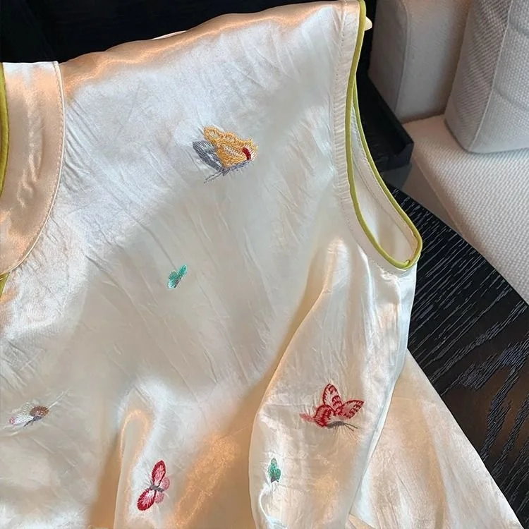 New Chinese Style  Embroidery Acetate Vest Women's Summer New Style National Spirit Oblique Button Sleeveless Top