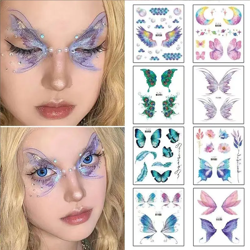 Hada mariposa alas brillo tatuaje pegatina temporal impermeable ojos cara brazo arte corporal tatuajes falsos mujeres accesorios de Festival