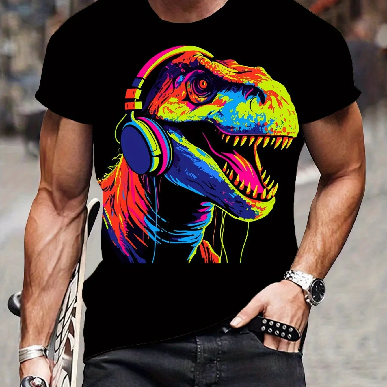 Summer Men's Casual Street Style Cartoon Dinosaur Print T-shirt, Elastic Round Neck T-shirt