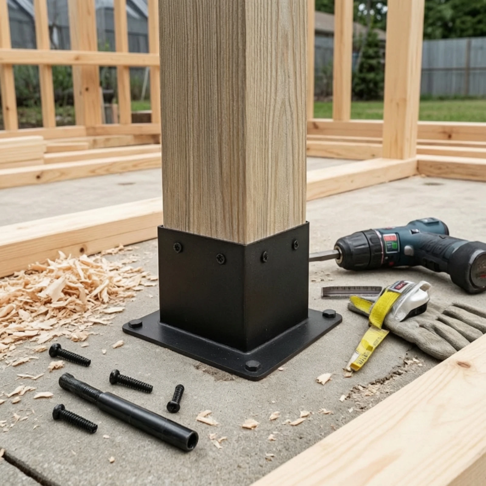 Post Base with Screws Powder-Coated Post Anchor Bracket Hardware Rust-Resistant Compact for DIYers, Pergola, Gazebo