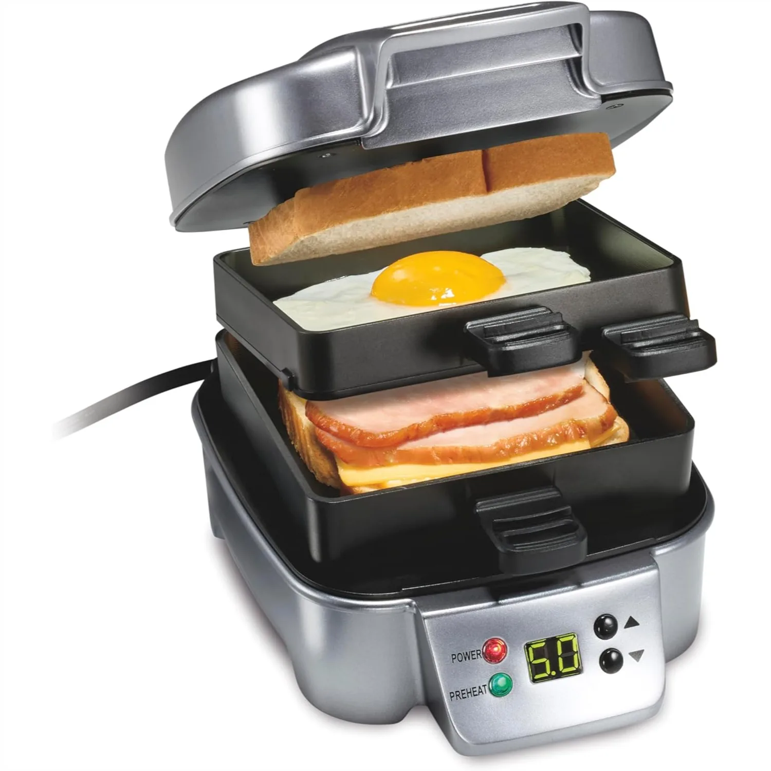 

Customizable Hot Sandwich Maker, 24 Sq. In. Non-Stick PFAS-Free Cooking Surfaces, Built-In Timer, Compact, Dishwasher-Safe