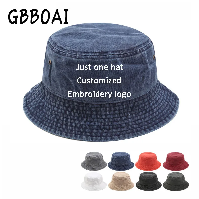 

Custom Embroidered Logo Denim Bucket Hats Diy Text Men's Panama Hat Solid Cotton Women's Cap Outdoor Fishing Hat Bob Chapeau