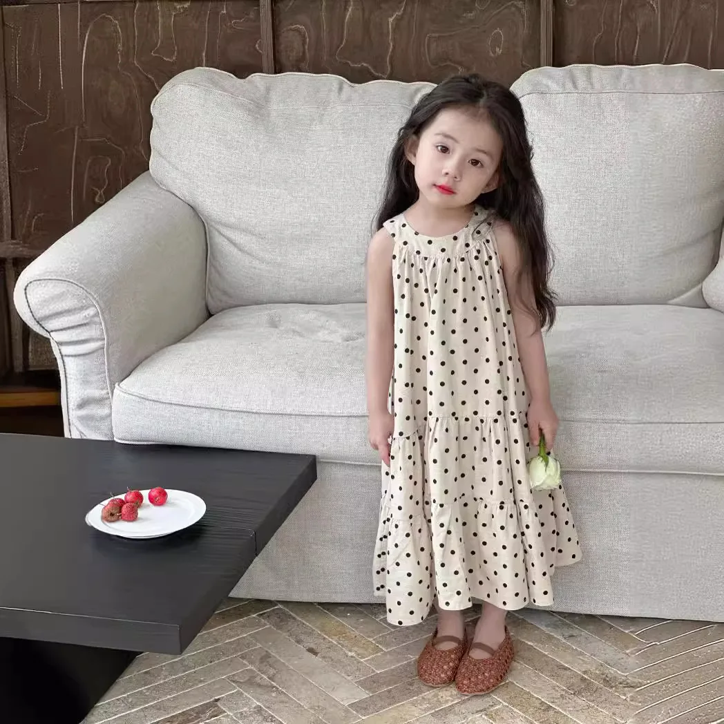 

1-9Y Girls' Polka Dot Dress Summer 2024 New Baby Style sleeveless cotton dress French children's sundress trend 90-140cm