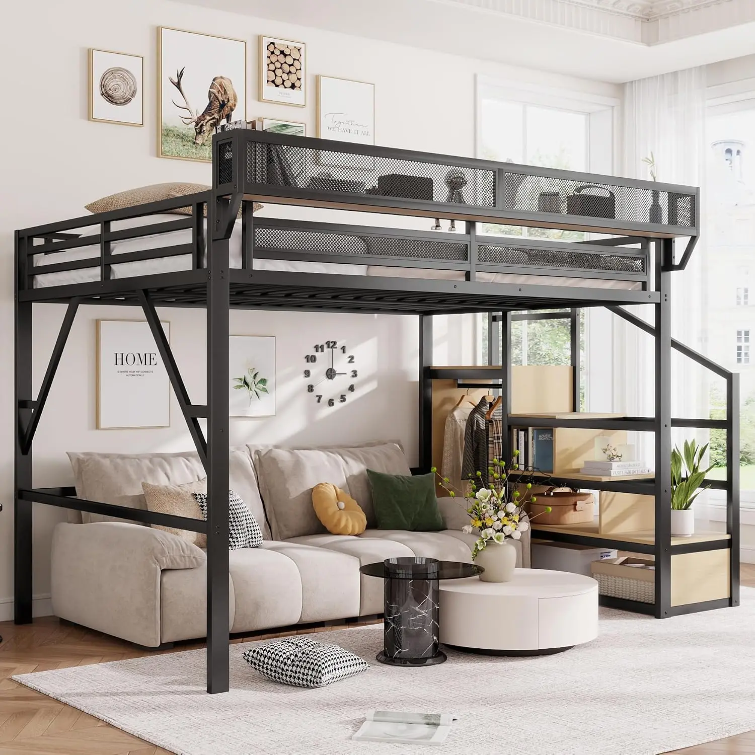 Full Size Loft Bed with Stairs & Storage, Metal Frame with Shelf & Under-Bed Space, Heavy-Duty , Custom
