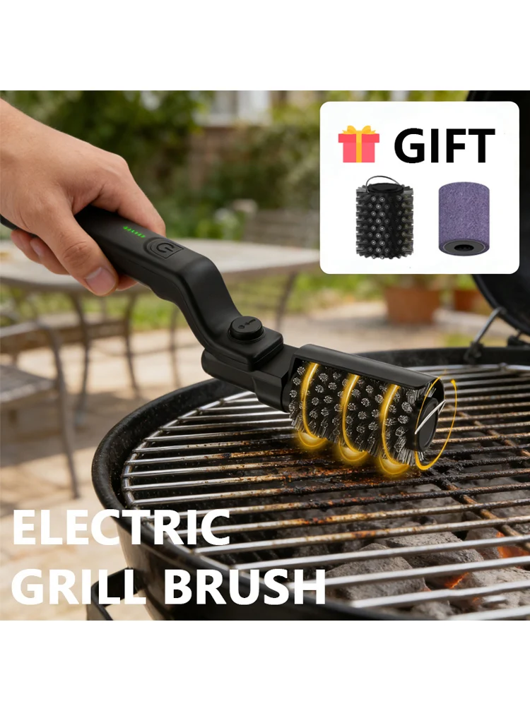 Brosse de nettoyage de barbecue rotative électrique sans fil en acier inoxydable, contrôle de puissance à 3 vitesses pour accessoires de barbecue d'extérieur