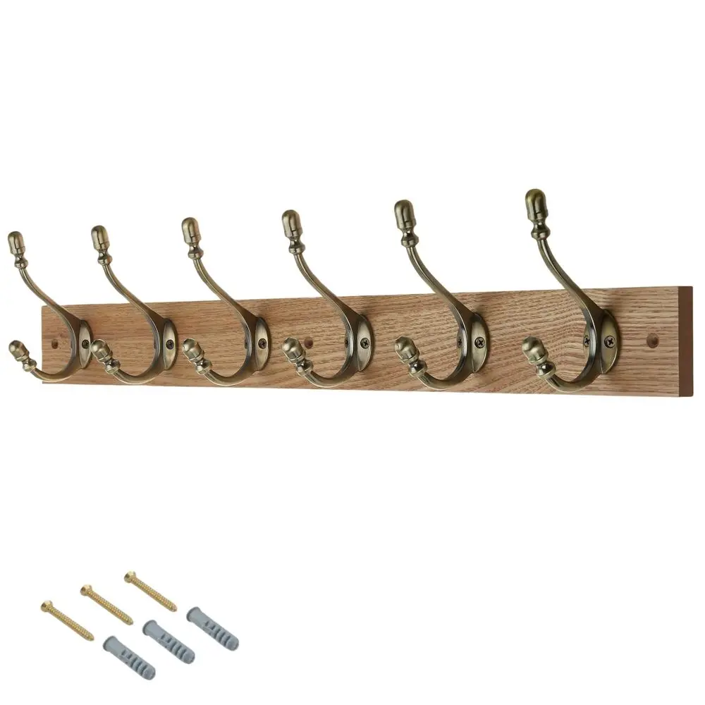 WallMounted Coat Rack 6 Hook Rail, 69cm, Handcrafted Dark Wood with Antique Brass Hooks for Coats, Towels amp Bags