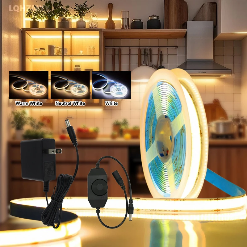 1 Roll of Led Light Strip with Rotary Dimmer, 24V, Us Standard Plug, Cob Spot-Free Flexible Led Strip, Touch Rotary Switch, Adjustable Light Brightness, White Light/Neutral Light/Natural Light, Suitable for Cabinets, W
