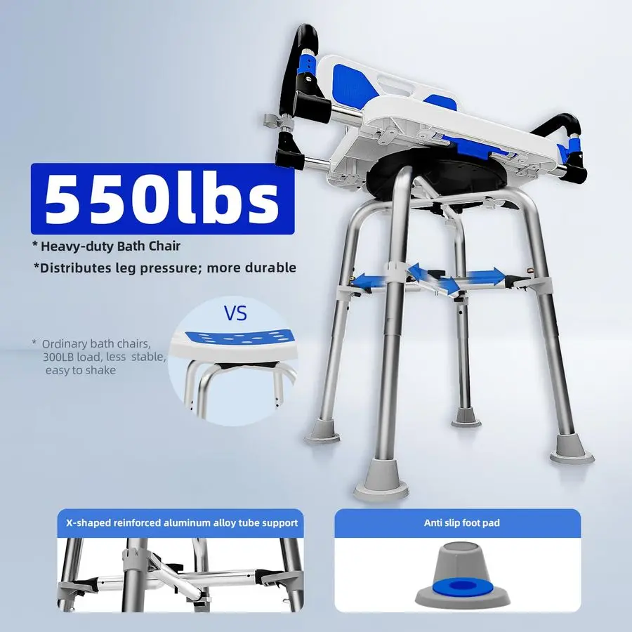 كرسي استحمام بأذرع وظهر شديد التحمل بوزن 500 رطلاً لكبار السن والمعاقين أو مقعد مقعد للبالغين في الدش الداخلي