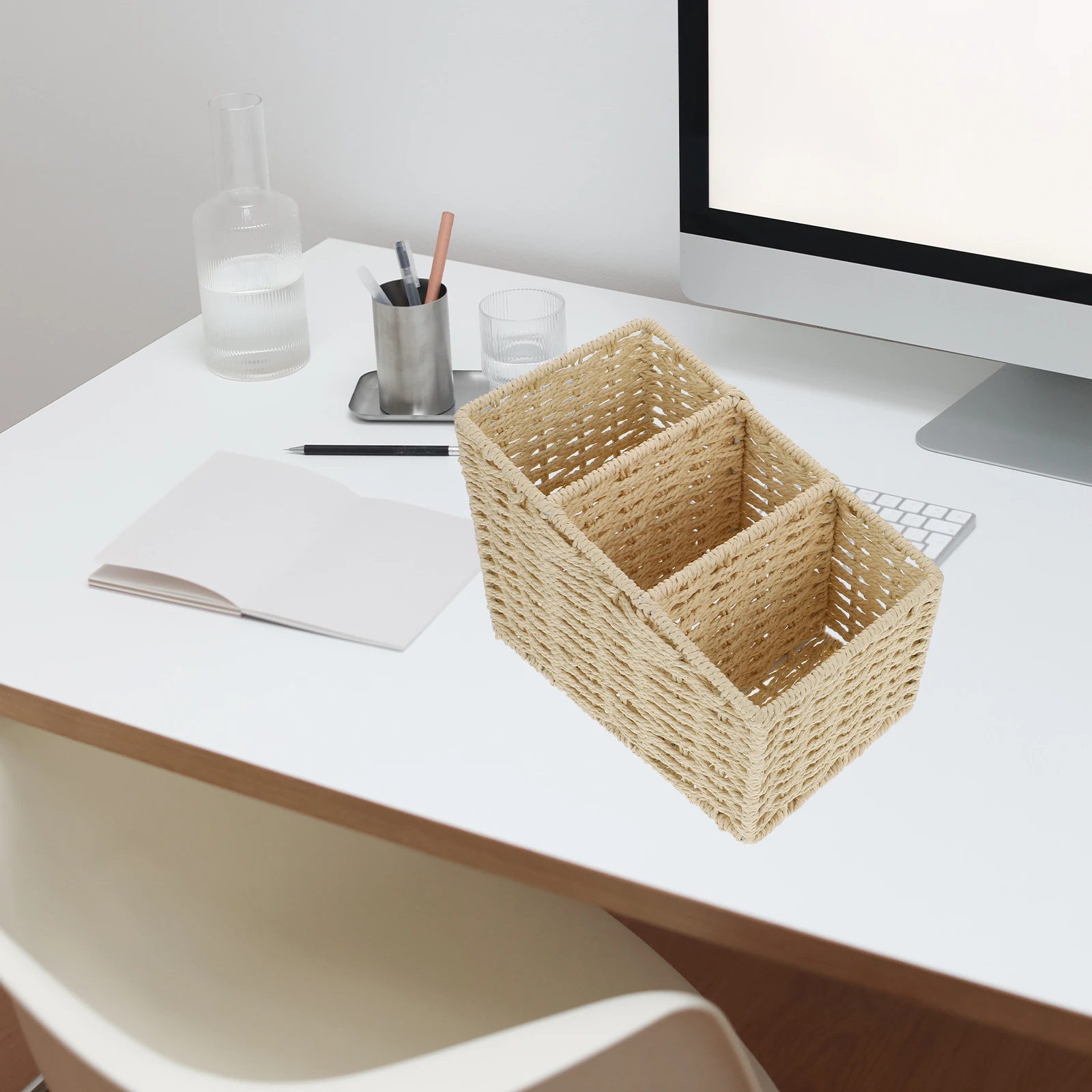 

Desktop Storage Box Beige 3 Grids Sundries ganizer Home Use Simple Bedroom Style Remote Control Holder Stable Flat Bottom