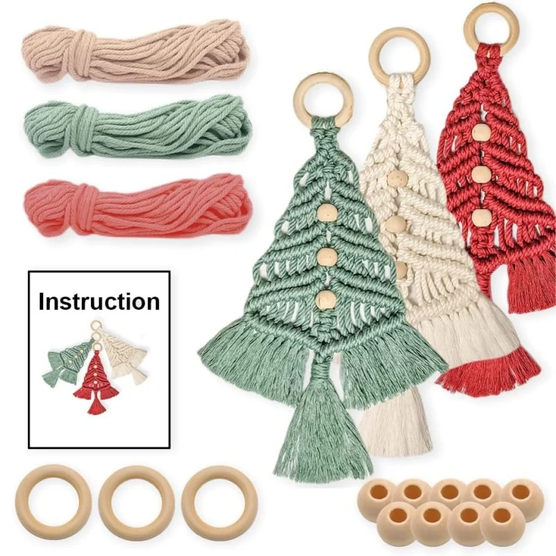 Christmas Tree DIY Set Handwoven Xmas Tree Decor Handmade Cotton Rope Wood Bead Christmas Tree Hangings Home Decorations Gifts