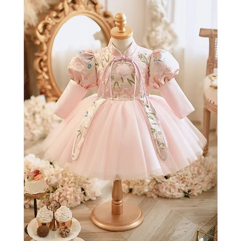 2025Girls' High-End Chinese Puff Sleeves Zhuazhou Birthday Party Flower Girl Embroidery Eid Princess Gown Dress