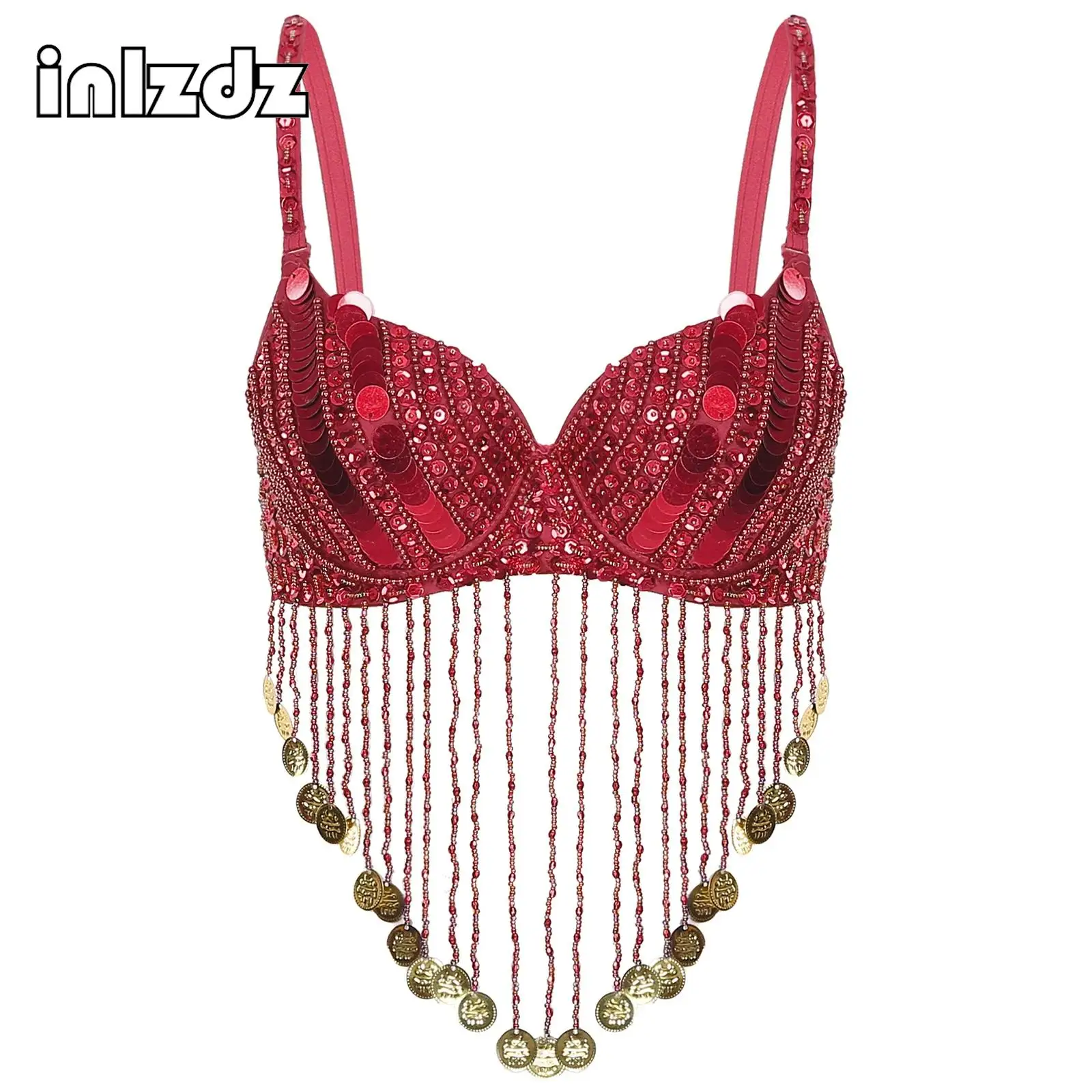 

Womens Tribal Glitter Sparkle Belly Dance Beaded Sequined Bra Top Tassels Underwired Carnival Bra for Rave Cabaret Party