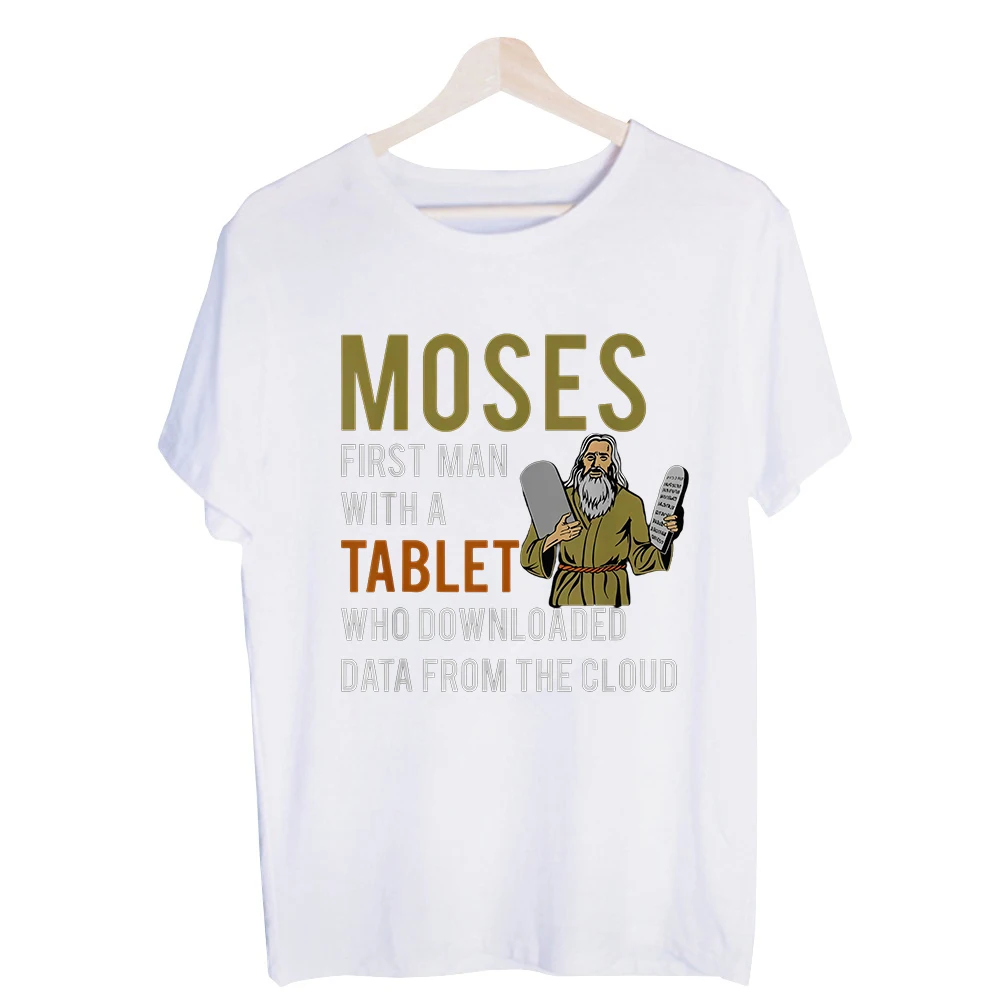Men's Bearded Figure with Tablets Typography Print Graphic Tee, Short Sleeve Crew Neck Casual Shirt for Daily Wear