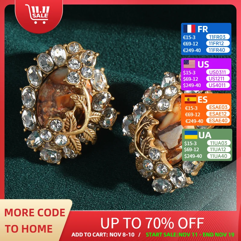 

Vintage Natural Stone Earring Stud Gold Color Leaf Rhinestone Unique Crystal Jewelry Designer Women Quality Luxury Engagement